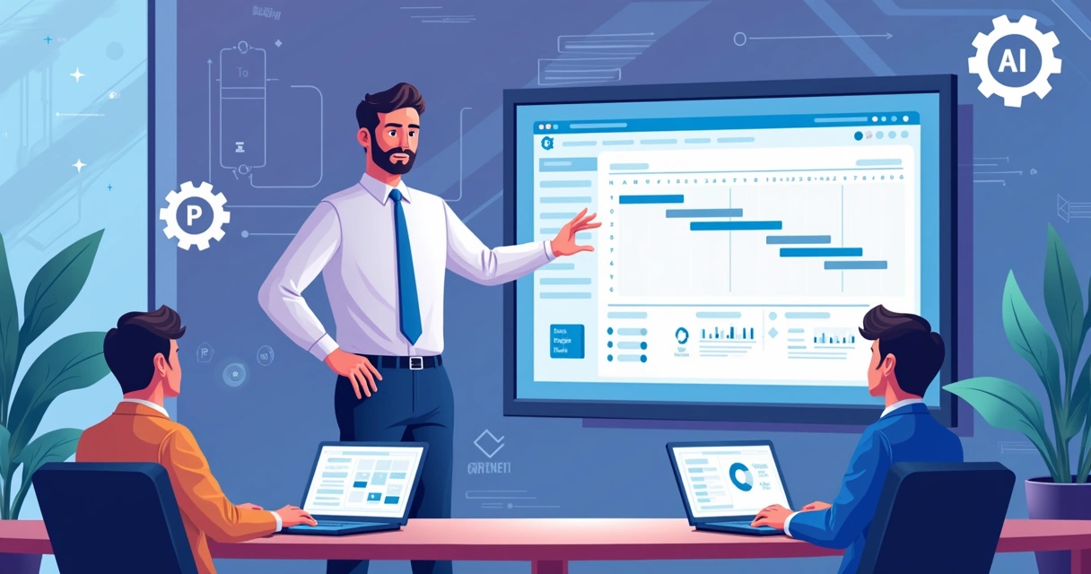 Ilustração corporativa flat de professor explicando gestão de projetos com gráficos digitais e inteligência artificial 