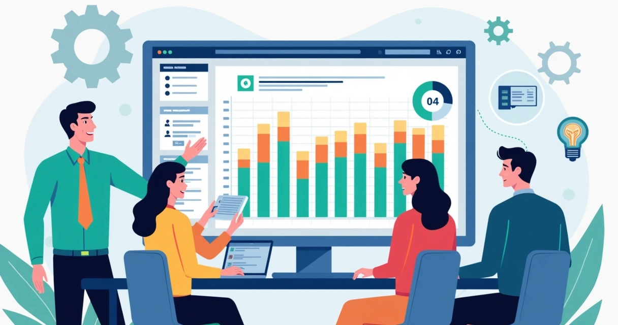 Ilustração corporativa mostrando profissionais utilizando Microsoft Project com assistente de inteligência artificial para gestão de projetos moderna 