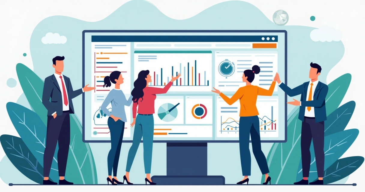 Ilustração corporate flat de profissionais gerenciando projetos com IA e Microsoft Project em telas digitais 