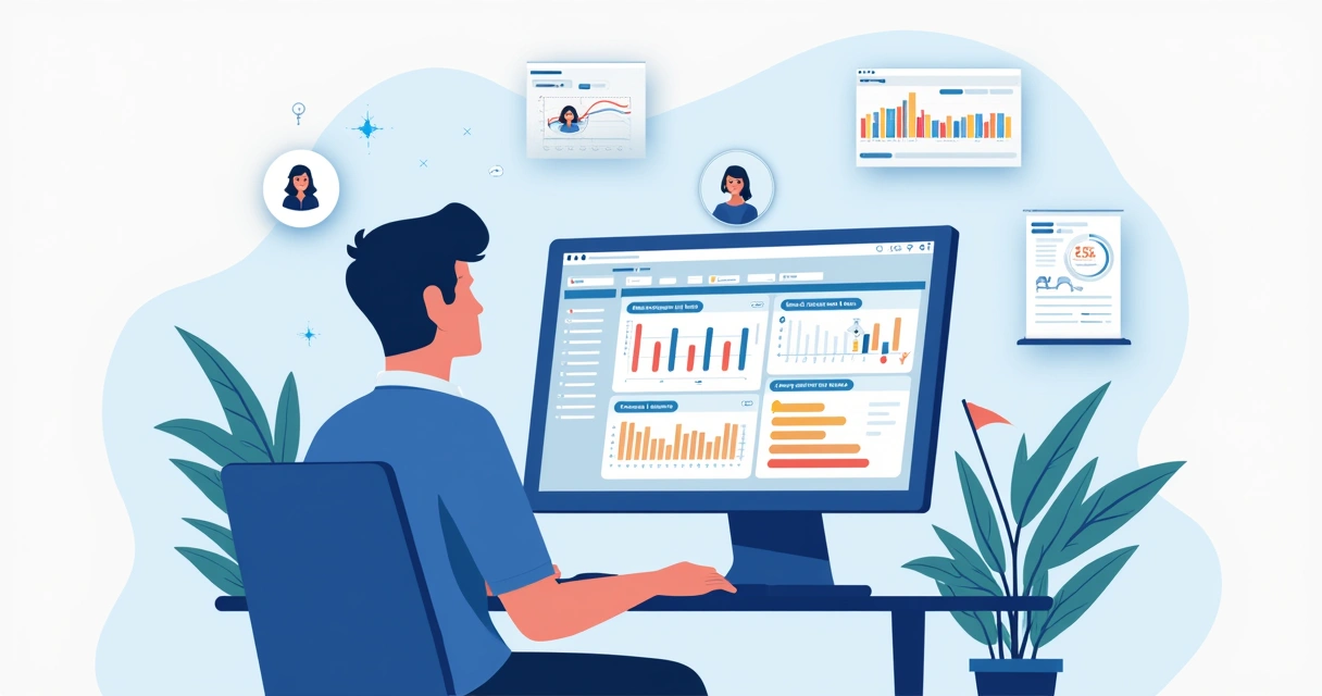 Ilustração corporativa plana mostrando um profissional usando Microsoft Project com assistente de inteligência artificial, telas com gráficos e análise de riscos em destaque 