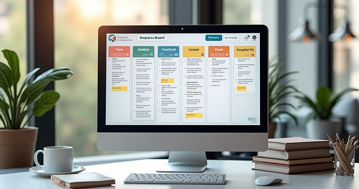 Dashboard Kanban jurídico com fases coloridas e tarefas distribuídas 
