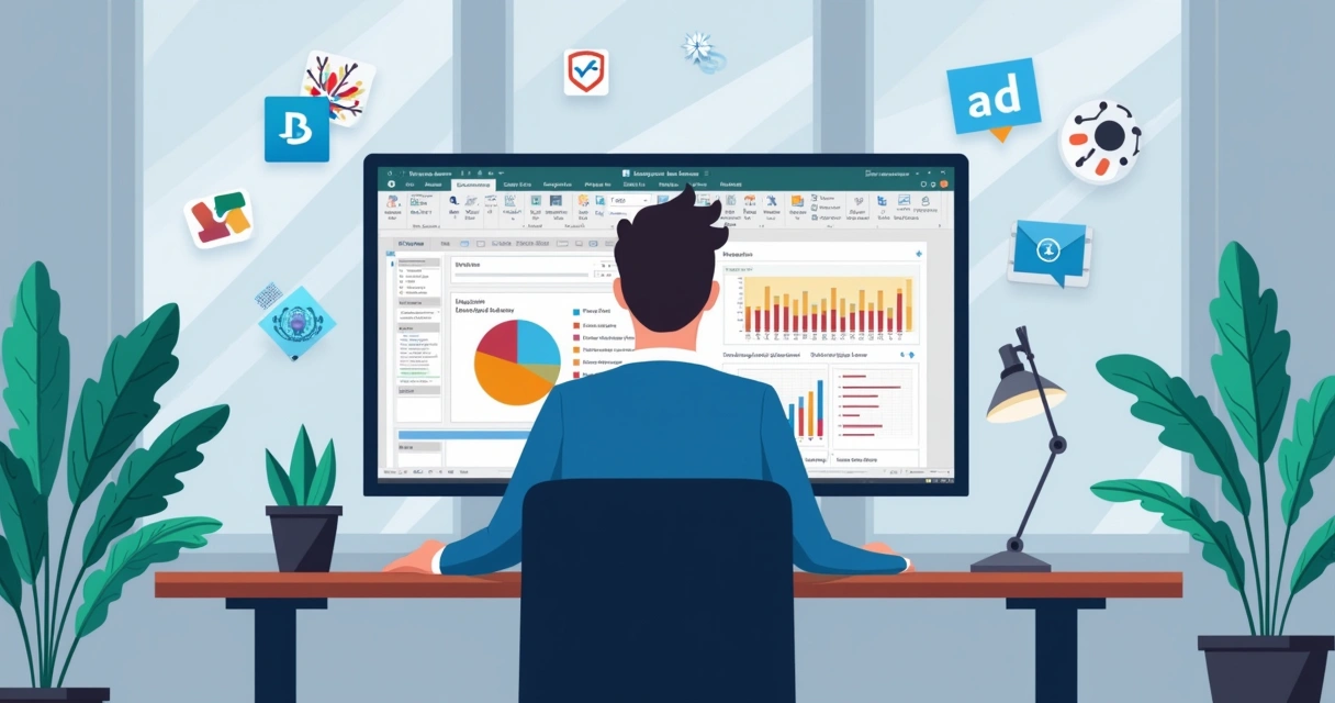 Ilustração corporativa de profissional analisando lições aprendidas em tela de computador com MS Project e gráficos 