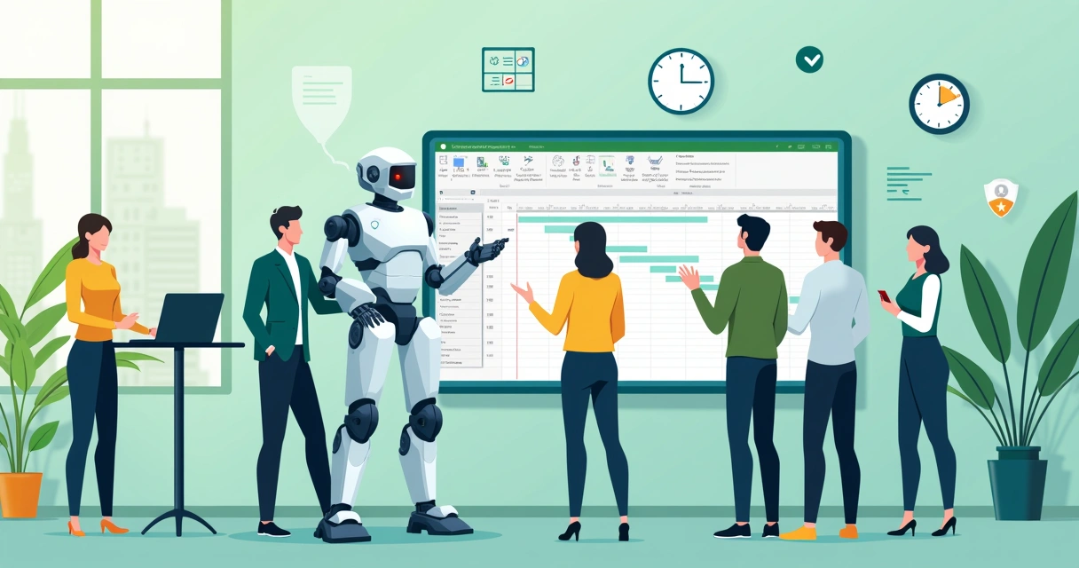Ilustração corporativa com equipe usando Microsoft Project e assistente de inteligência artificial para gestão de projetos 