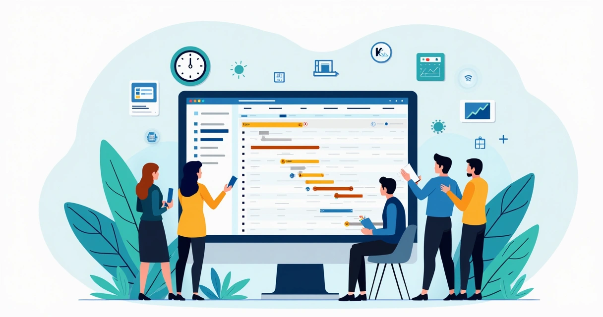 Ilustração corporativa de equipe usando Microsoft Project com assistente de IA para gestão de projetos 