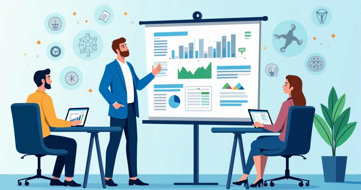 Ilustração corporativa mostrando um professor explicando gestão de projetos usando Microsoft Project com inteligência artificial na tela de computador 