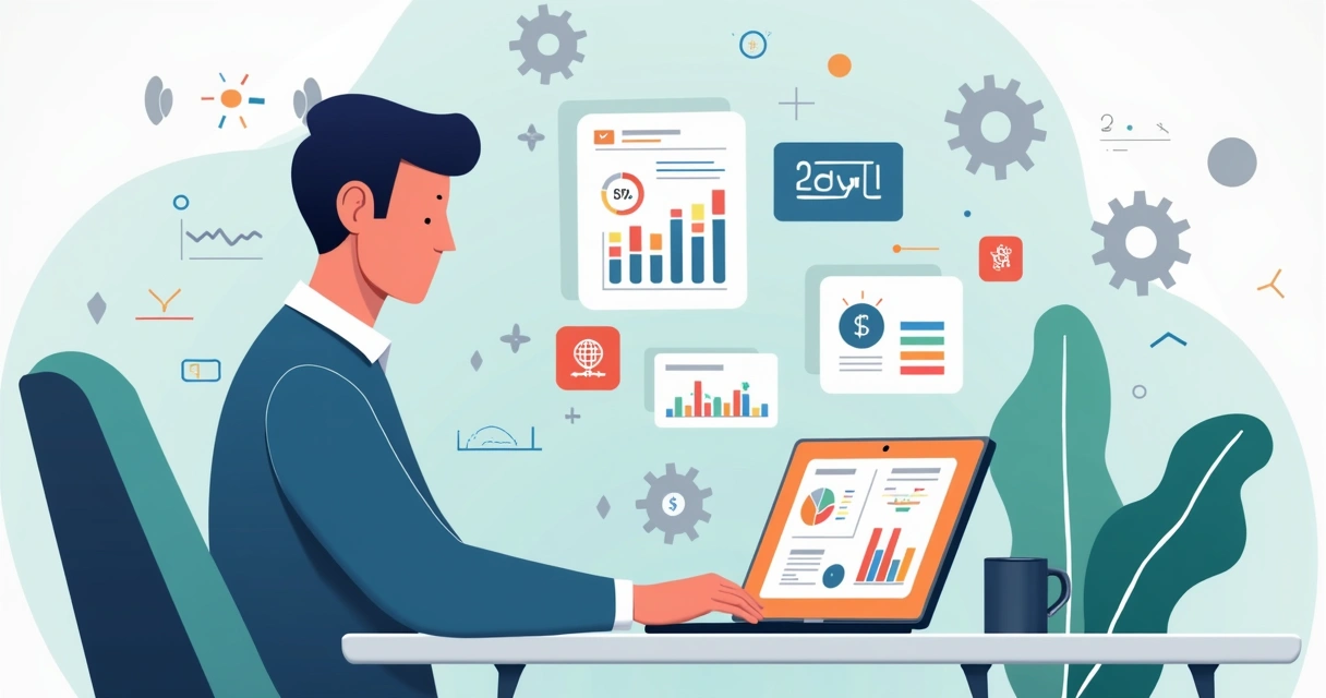 Ilustração corporativa de pessoa usando laptop com gráficos e ícones de inteligência artificial para previsão de custos em projetos complexos 