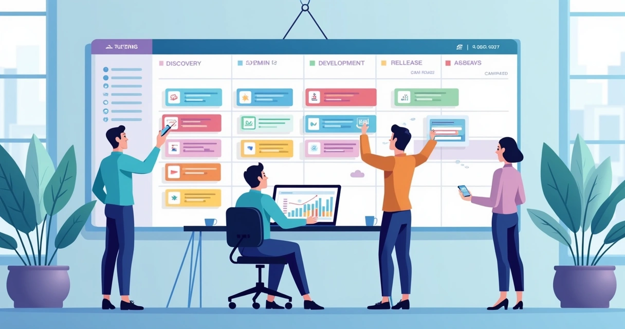 Equipe de agência digital organizando roadmap ágil de projeto SaaS em grande mural 
