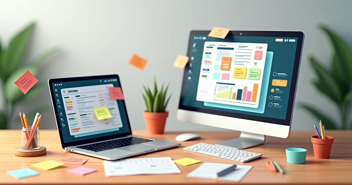 Tela dividida entre uma planilha e um software de gestão de projetos 