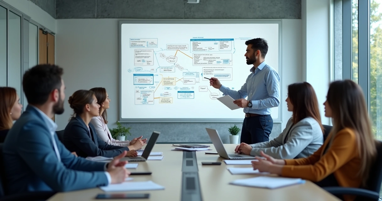 Gestor de projetos conduzindo equipe de tradução em reunião com quadro branco ao fundo apontando fluxos de projetos