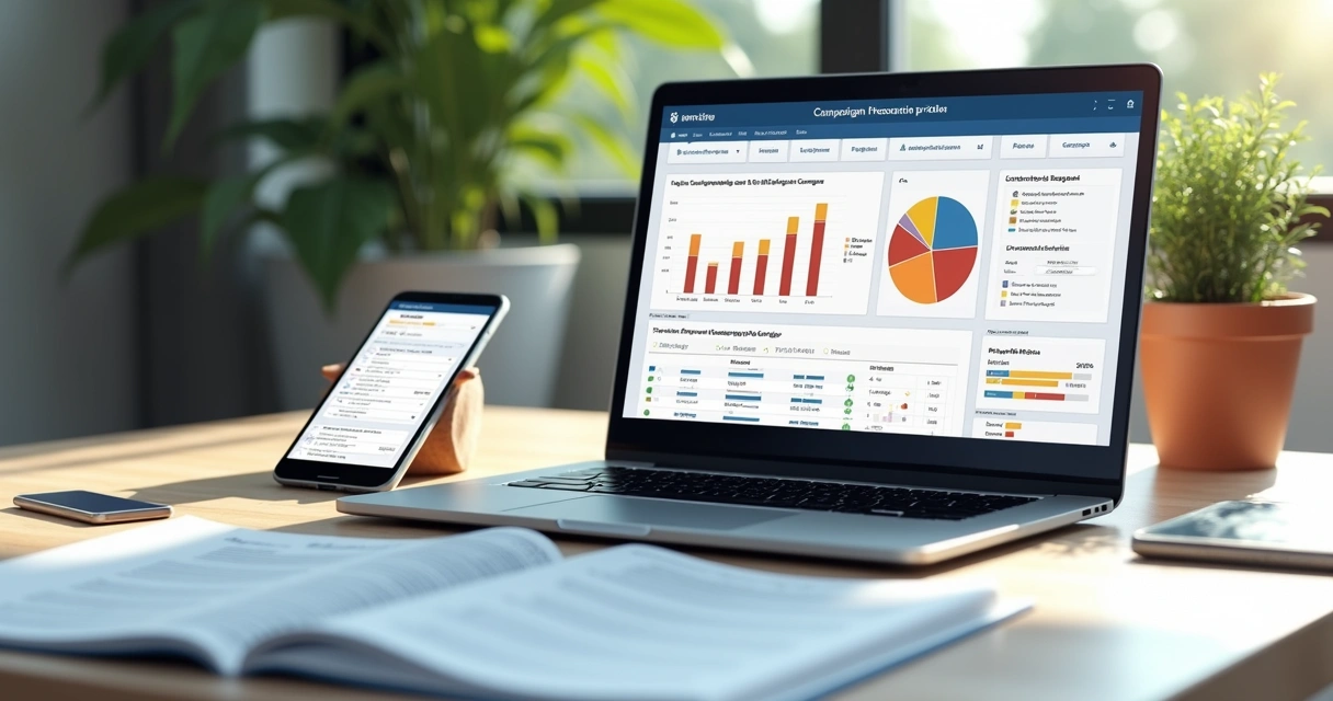 Mesa de trabalho com laptop aberto mostrando dashboard de gestão de promoções, documentos de regulamento ao lado, e smartphone exibindo formulário de cadastro de sorteio 