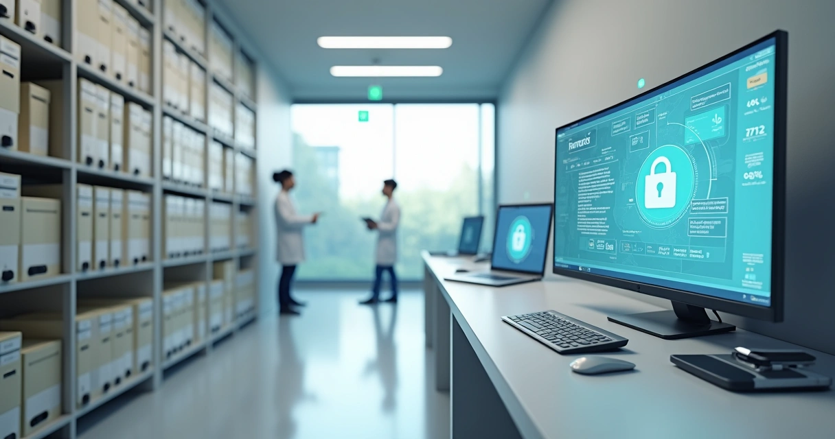 Sala de prontuários médicos com armários físicos e monitor exibindo prontuário eletrônico 