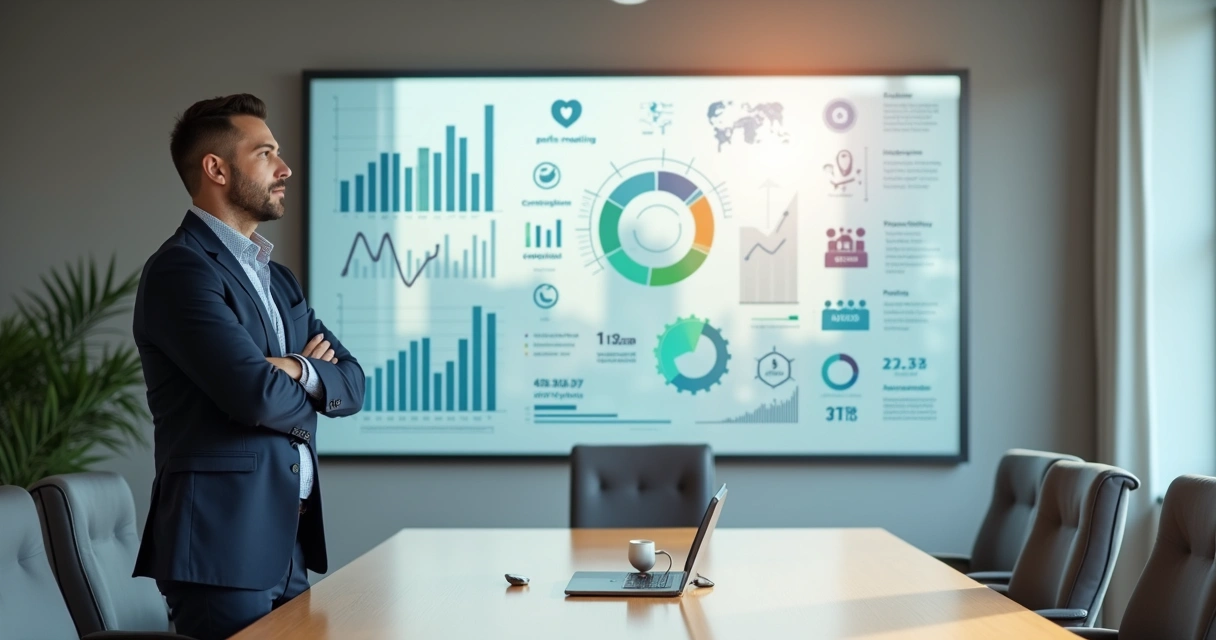 Líder observando painel com indicadores humanos e financeiros equilibrados 