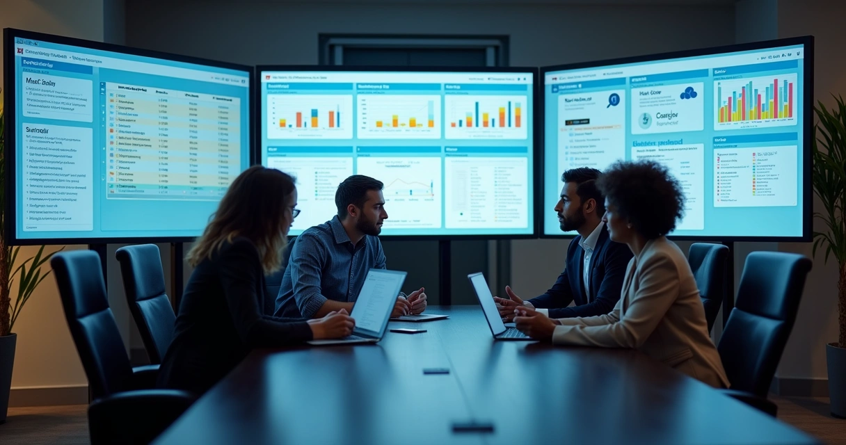 Equipe analisando propostas digitais na tela de computadores 