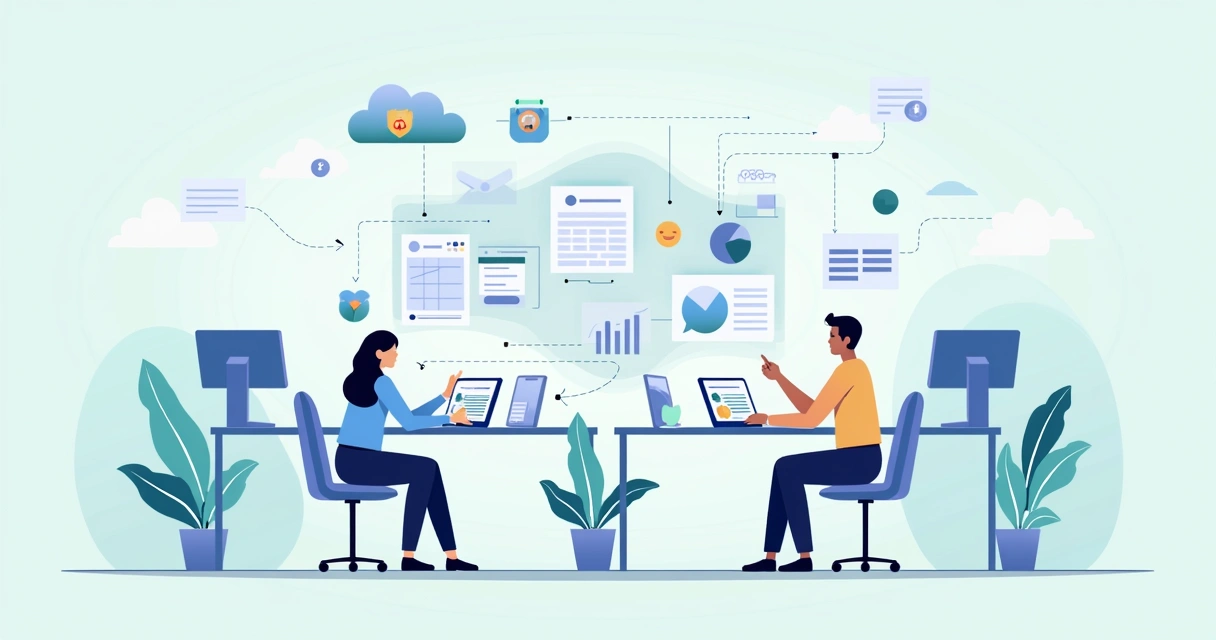 Ilustração de servidores públicos integrando e compartilhando dados entre computadores e tablets 