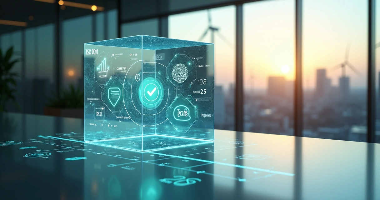Cubo transparente com ícones de qualidade e tecnologia pairando sobre linha do tempo até 2026 