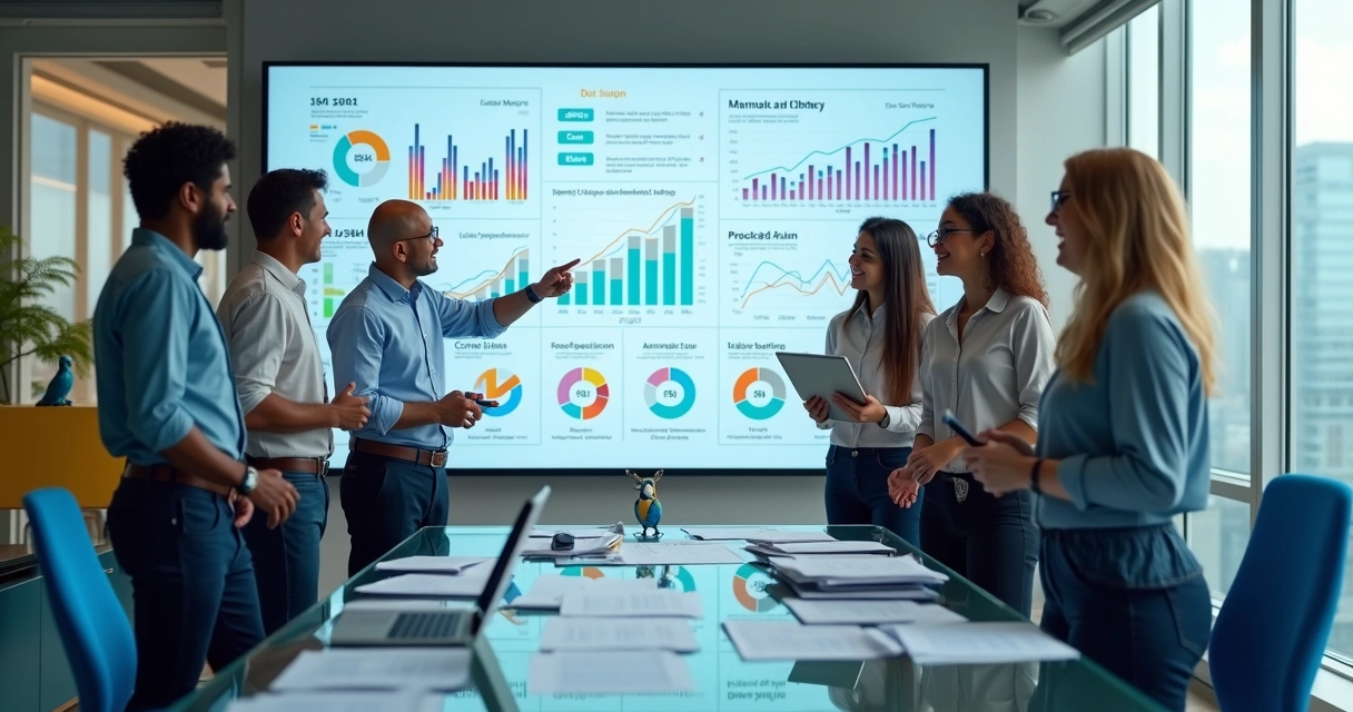 Equipe analisando painel de indicadores de gestão da qualidade em tela gigante 