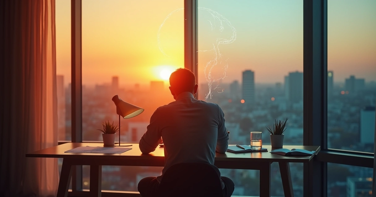 Pessoa sentada em silêncio com metade do rosto em raiva e metade em calma 