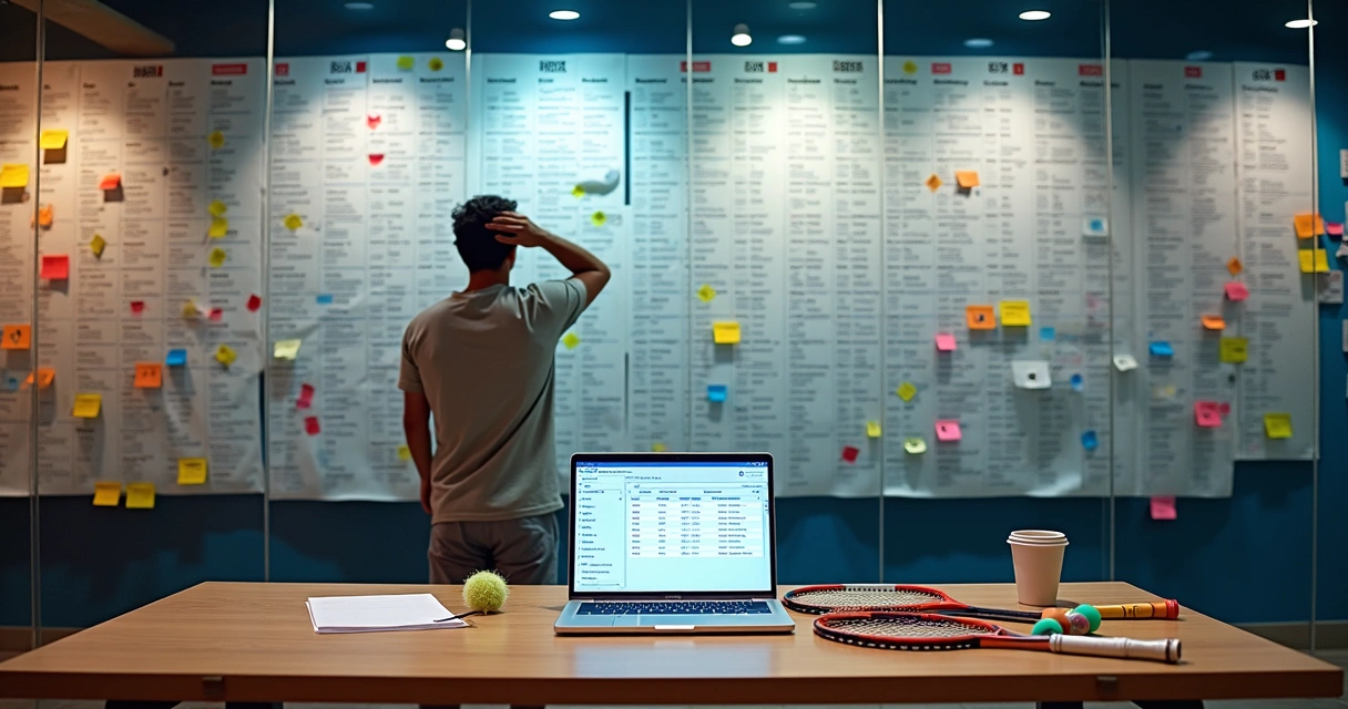 Organizador analisa painel de ranking esportivo cheio de correções e setas coloridas 