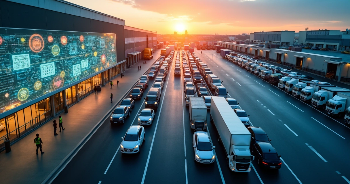 Vista aérea de pátio de veículos com rastreamento digital em tempo real 