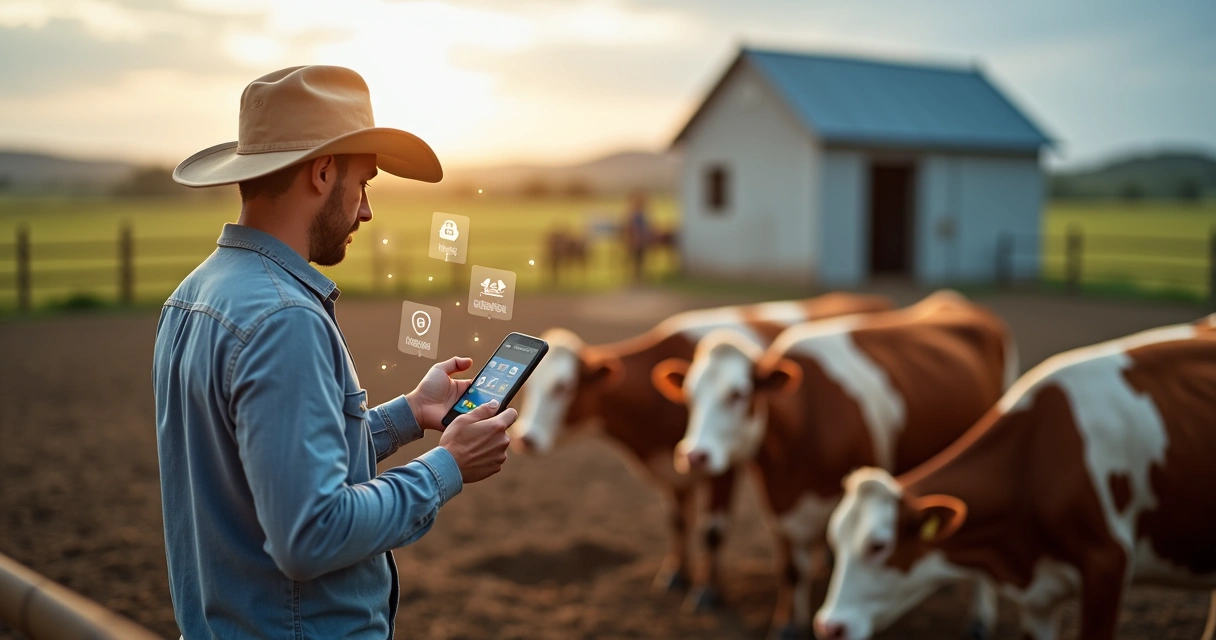 Produtor de leite usando aplicativo de gestão do rebanho no smartphone ao lado das vacas no curral 