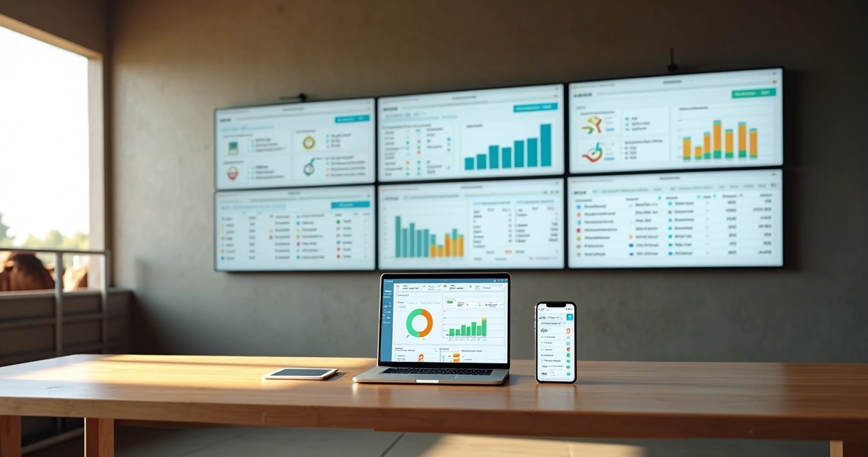 Produtor analisa painel de software de rebanho leiteiro em laptop em sala de controle moderna 