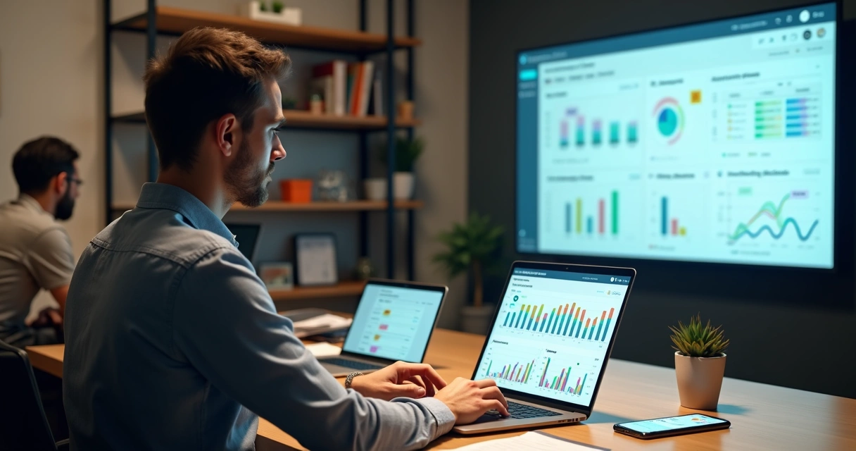 Empresária analisa painel financeiro digital com gráficos de recebíveis em destaque 