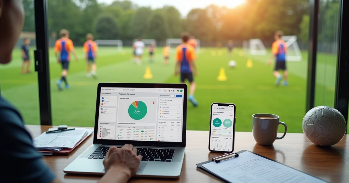 Gestor de rede de escolas de futebol analisando painel de gestão em notebook à beira do campo 