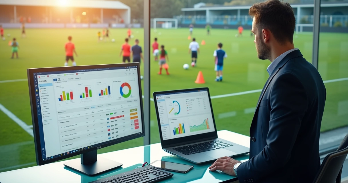 Gestor analisa dashboard de gestão de rede de escolas de futebol em frente a campo com crianças treinando 