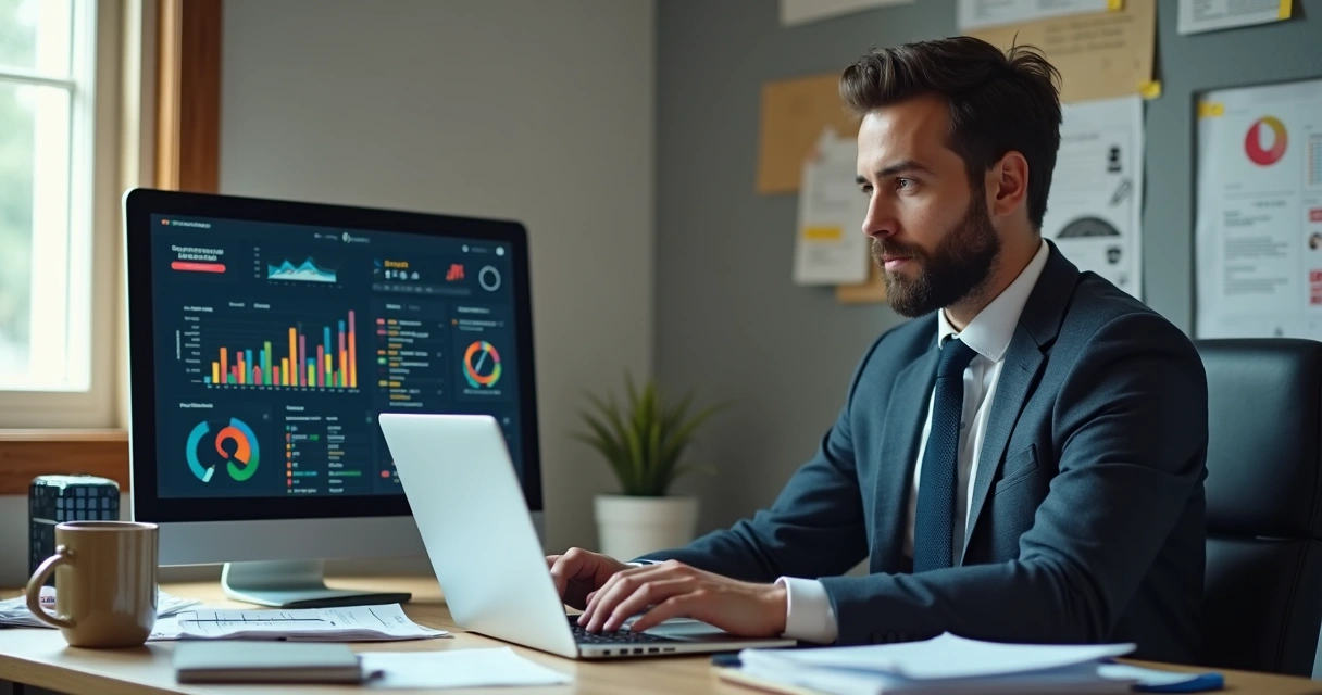 Gestor de TI analisando dashboard de rede em notebook