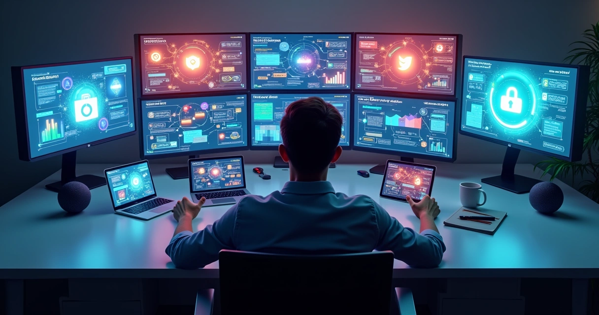 Múltiplas telas exibindo gráficos de redes sociais integradas