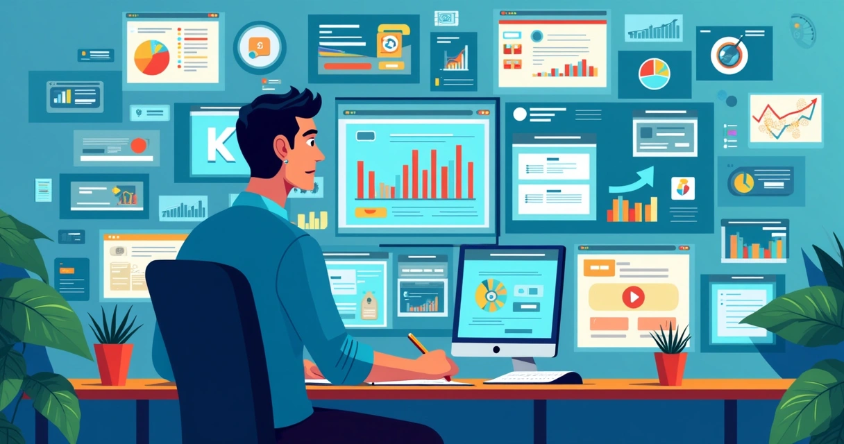 Profissional analisando perfil de redes sociais em vários dispositivos