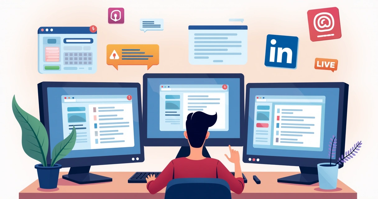 Social media manager gerenciando posts em várias redes simultaneamente 