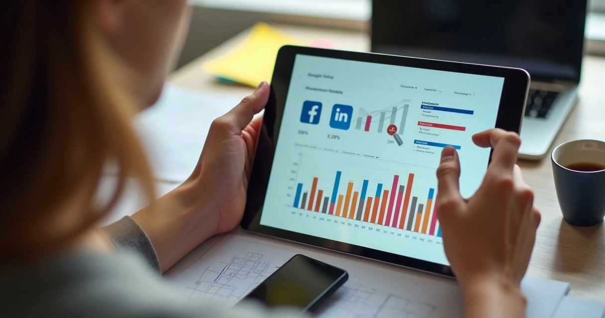 Gestor analisando métricas em painéis de redes sociais 