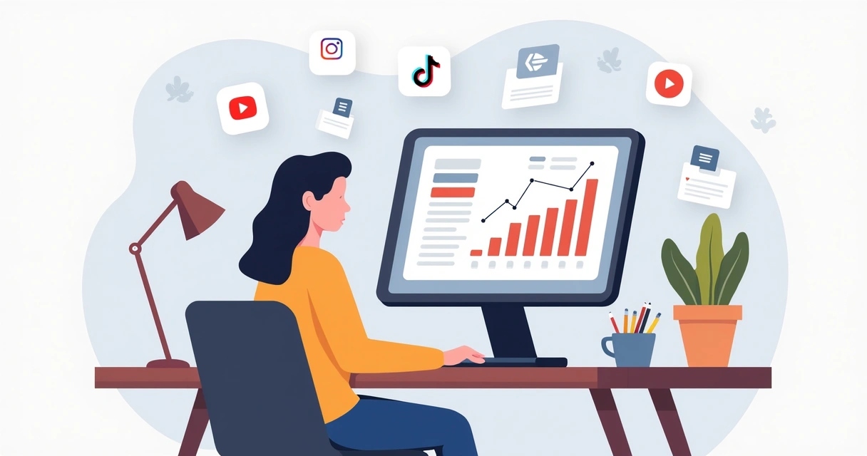 Social media manager analisando métricas no computador