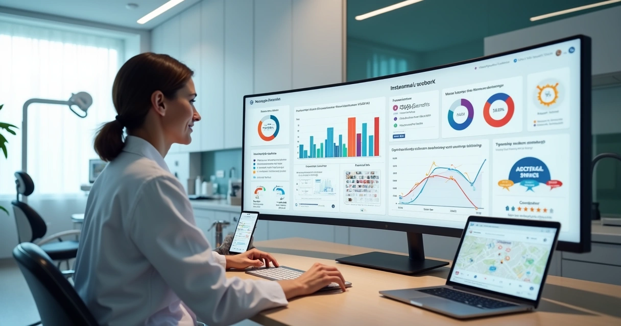 Dentista analisando painel de redes sociais em consultório moderno 