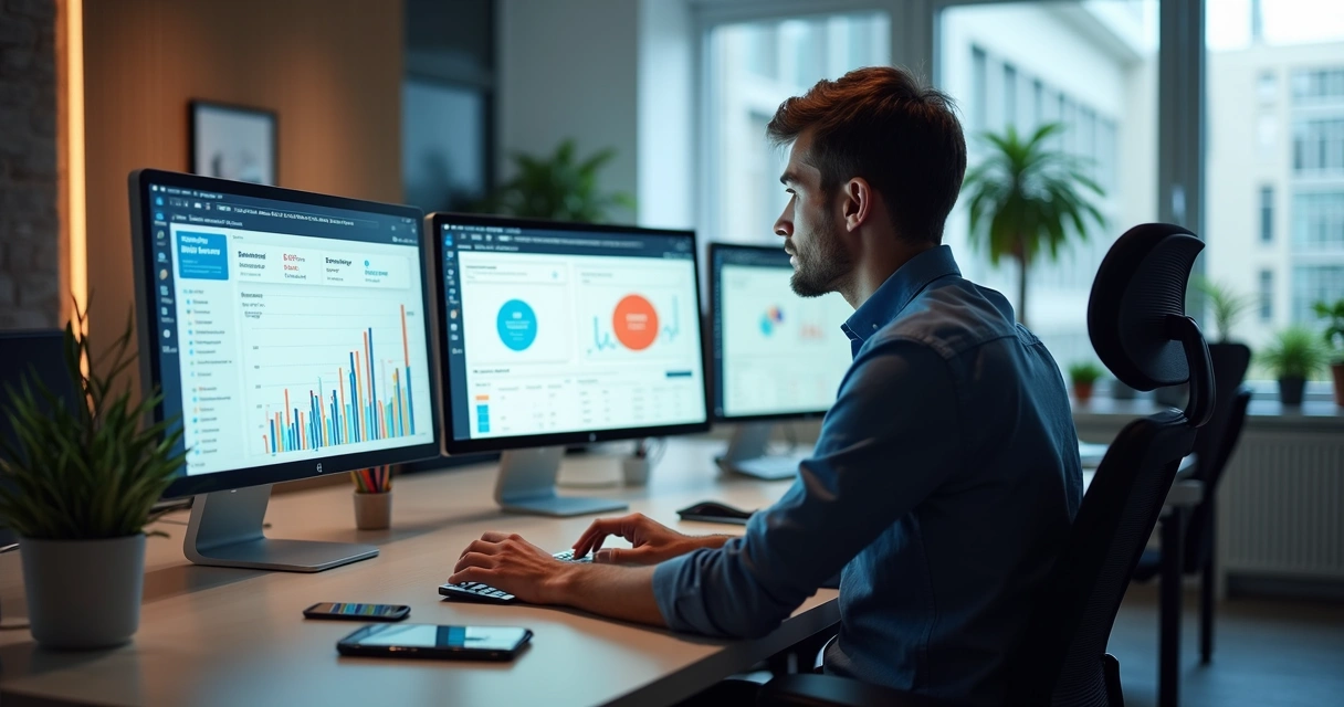 Pessoa trabalhando com múltiplas telas exibindo gráficos, métricas e redes sociais em ambiente de escritório moderno 