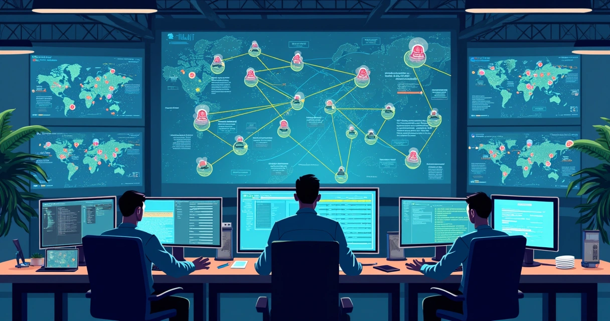 Técnicos monitorando redes em telas de computadores em um centro de operações, mapas e gráficos sendo exibidos 