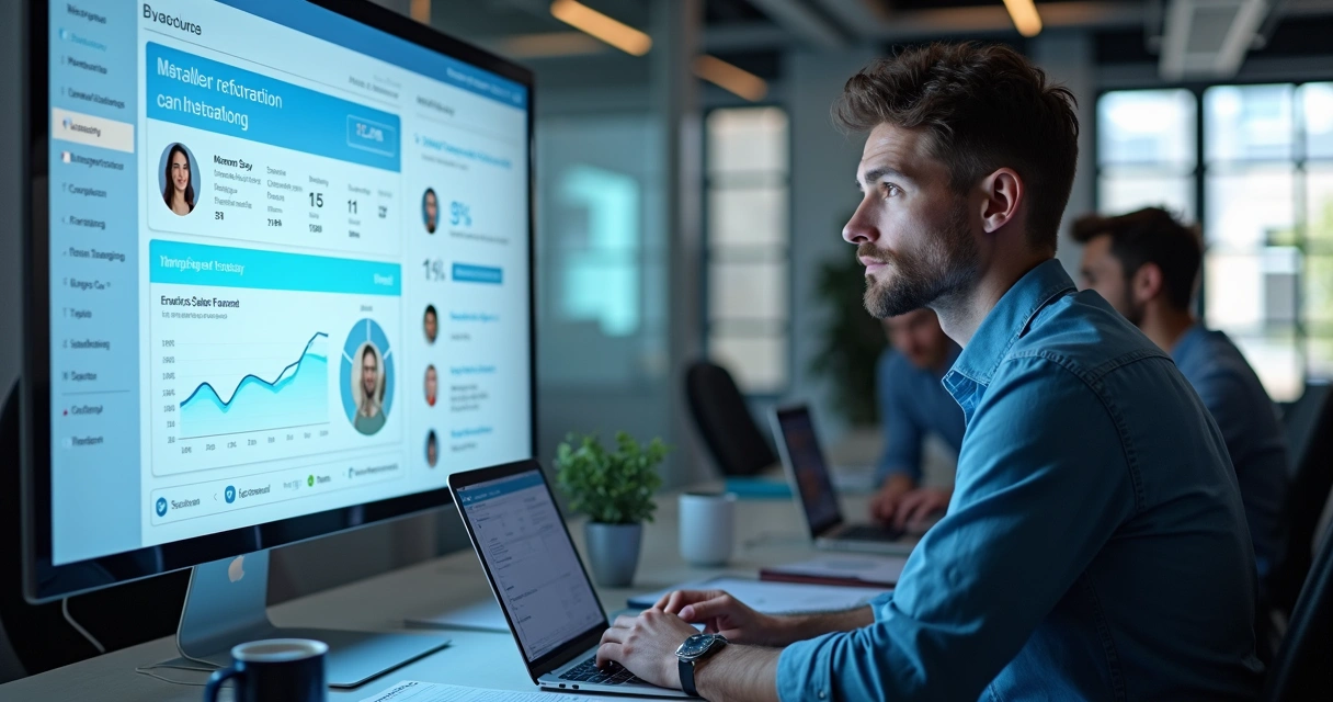 Gestor de marketing analisando painel com clientes e campanhas