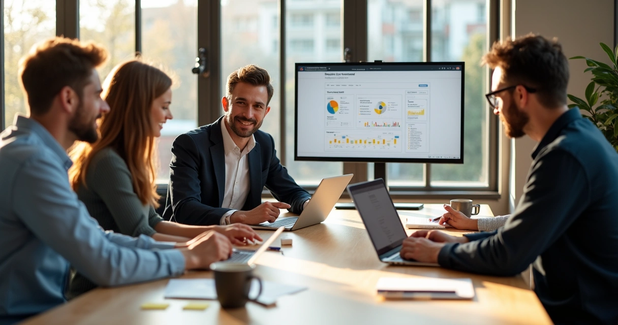 Equipe pequena de vendas reunida ao redor de mesa com notebooks, em reunião para discutir metas de relacionamento com clientes.