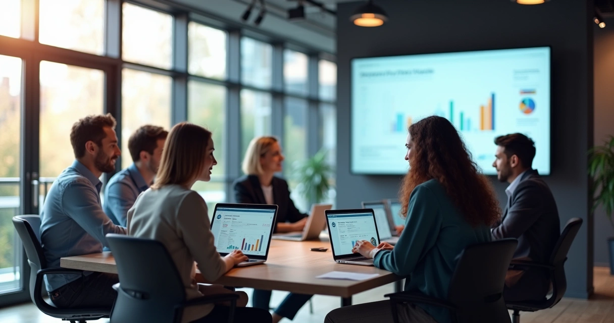 Reunião de equipe usando dashboard de CRM em laptops 