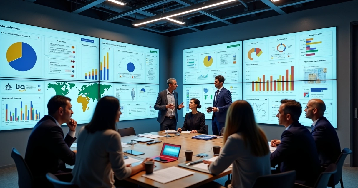 Equipe política analisando dados em painéis digitais 