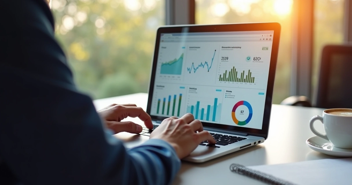 Pessoa analisando gráficos de clientes em notebook moderno 
