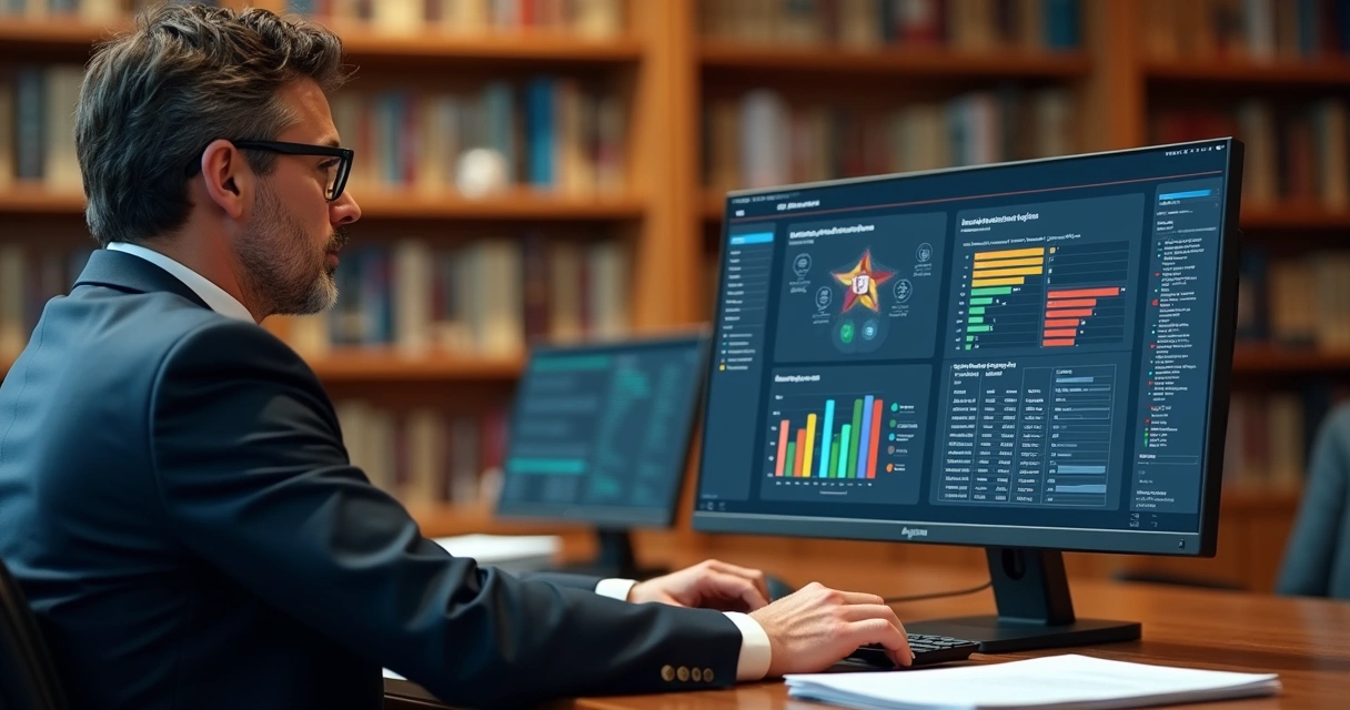 Parlamentar em gabinete analisando contatos e demandas no computador, tela exibe gráficos e lista de eleitores 