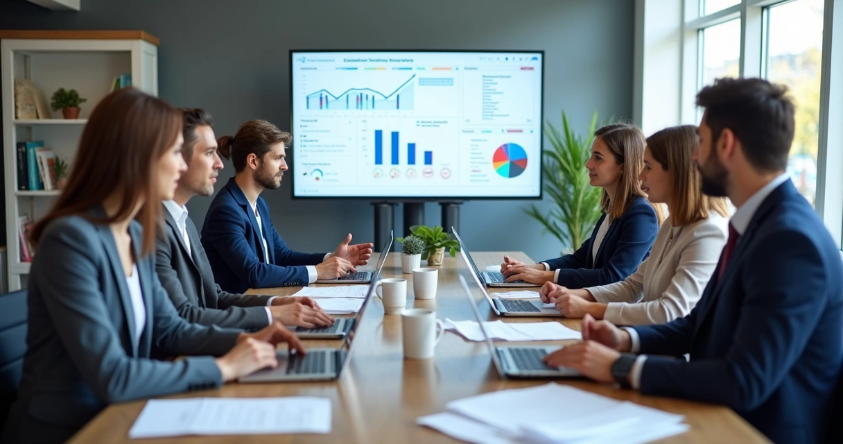 Reunião de equipe política analisando gráficos e dados digitais em uma mesa