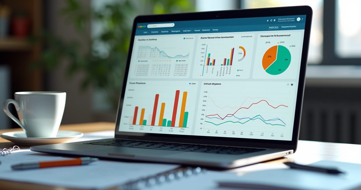 Tela de computador mostrando gráficos de relatórios digitais e dados de projetos PJ 