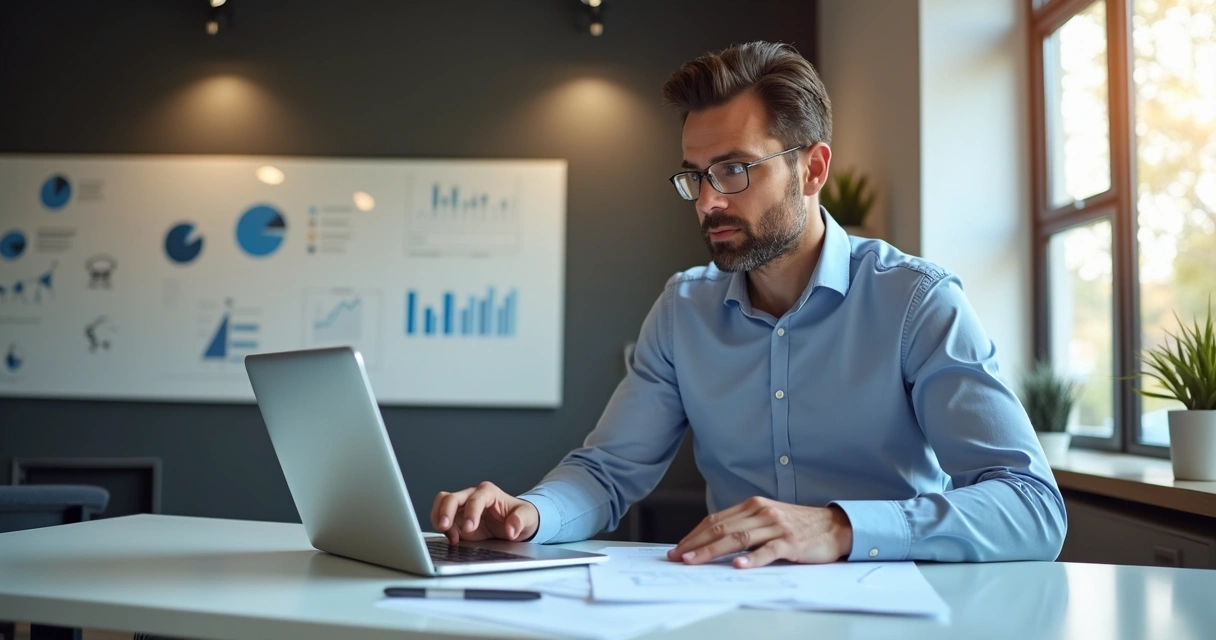 Franqueado analisando relatórios de ponto eletrônico em escritório 