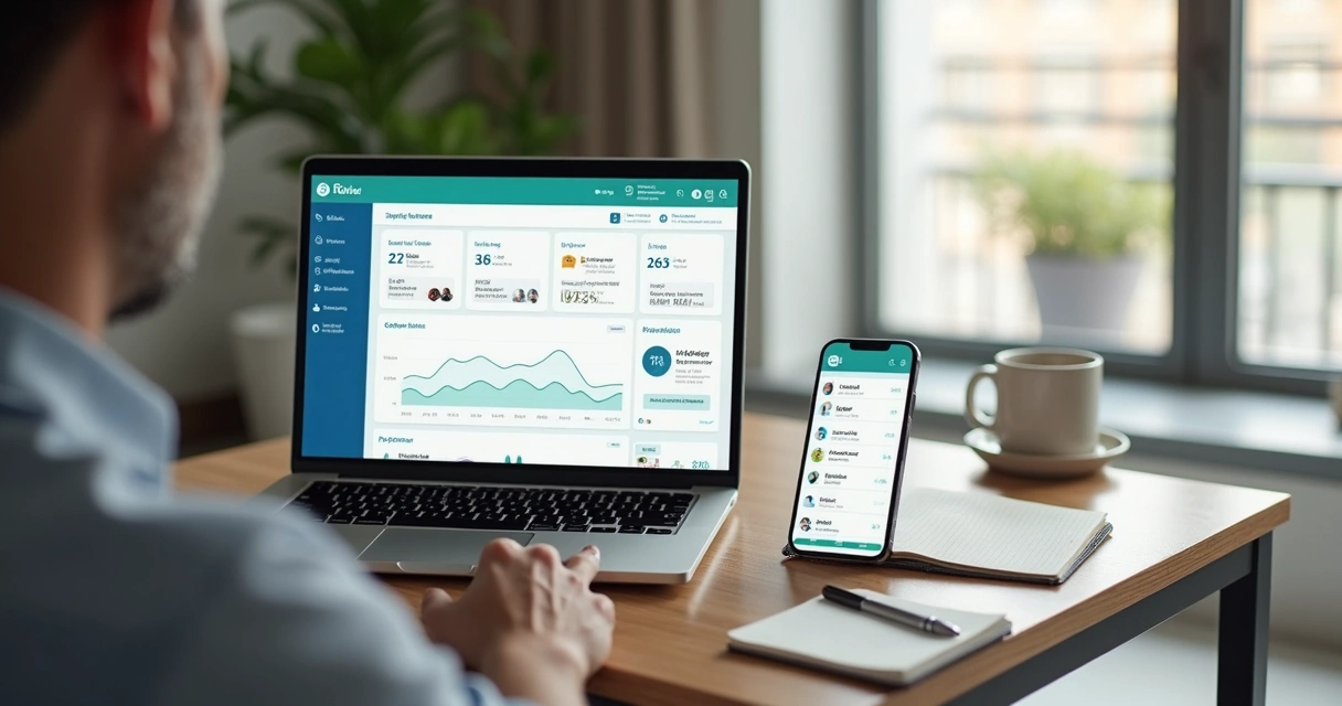 Proprietário acompanhando gestão remota de aluguel de imóveis em aplicativo no notebook e celular 