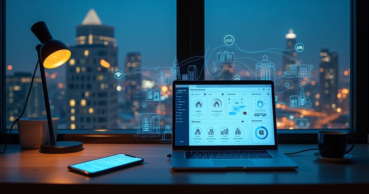 Laptop showing apartment control app over city skyline at dusk 