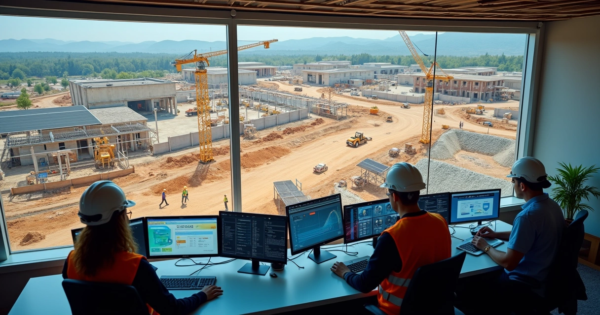 Canteiro de obras visto de cima com câmeras solares e profissionais monitorando em tempo real em telas, ambiente claro 
