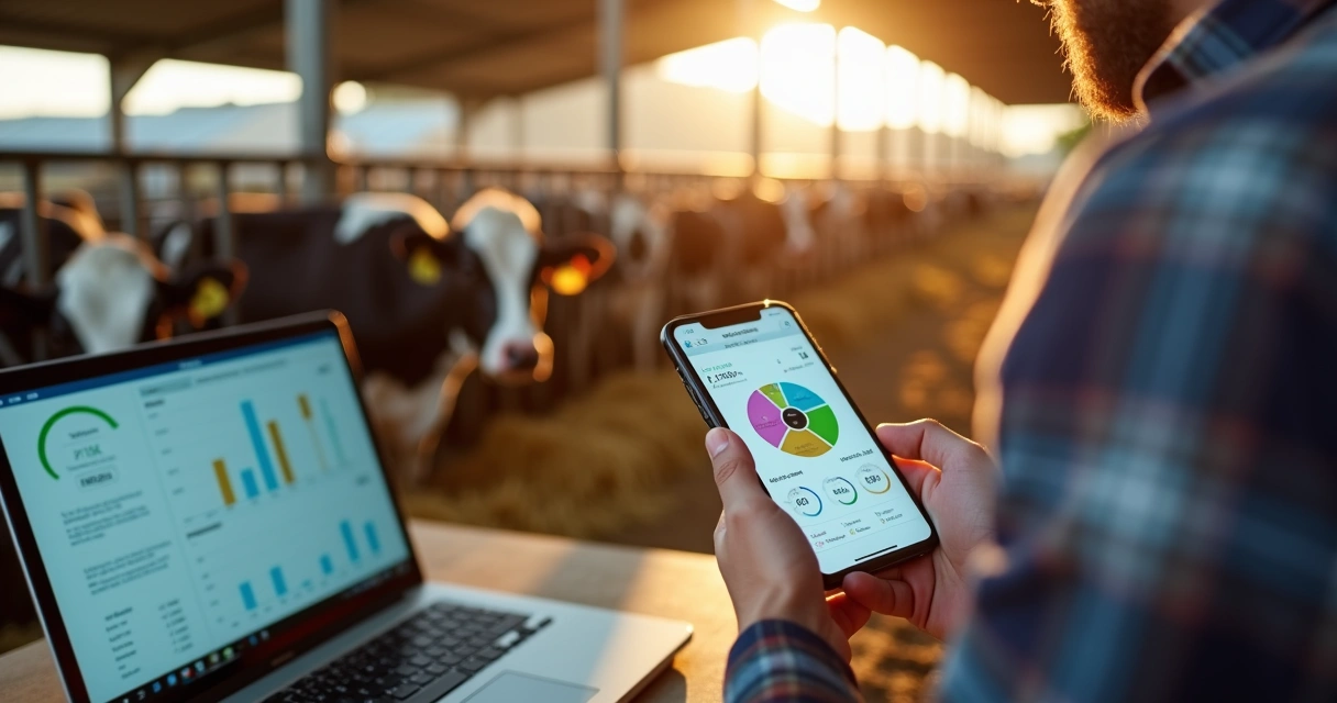 Produtor de leite usando aplicativo de gestão reprodutiva com vacas ao fundo 